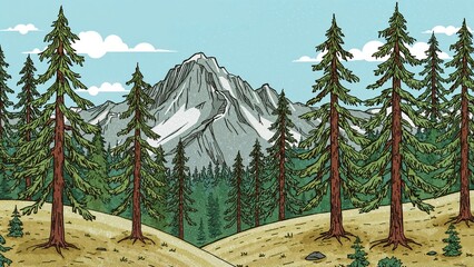 Wall Mural - hand-drawn depiction of a mountainous area with pine tree silhouettes