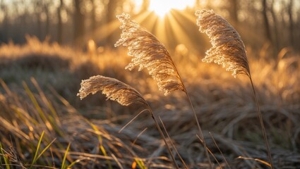 Wall Mural - wind-swept dry reeds basking in the sunset glow during a breezy evening