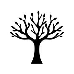 black silhouette of tree with branches and buds-minimal black and white illustration of a tree with 