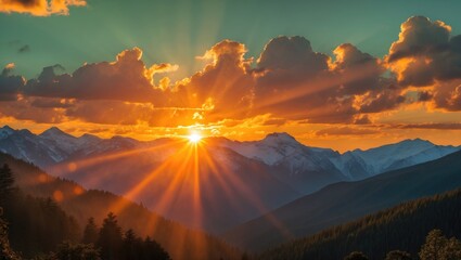 Wall Mural - breathtaking mountain landscape featuring a dramatic sunset and colorful cloud display