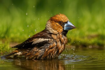 close-up of a handsome male hawfinch preening and washing in water, captured from a low angle with n