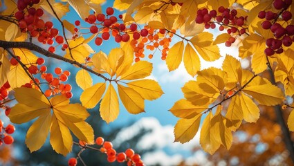 Wall Mural - Colorful Fall Landscape Featuring Bright Leaves and Juicy Berries