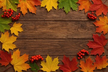 Wall Mural - Colorful collection of maple leaves and berries on aged wooden surface