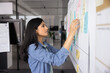 © fizkes - Focused young Indian project manager woman moving colorful sticky notes on scrum board, working on schedule alone, preparing strategy canvas board for presentation