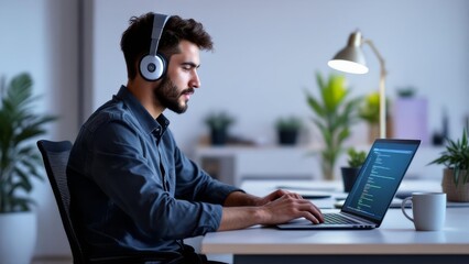 Focused programmer coding on his laptop while wearing headphones