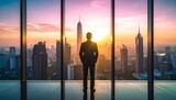 Businessman looking at sunrise over cityscape