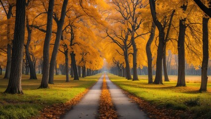 Wall Mural - autumnal forest landscape showcasing golden leaves