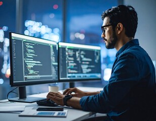 Focused software engineer coding in the city late at night creating application