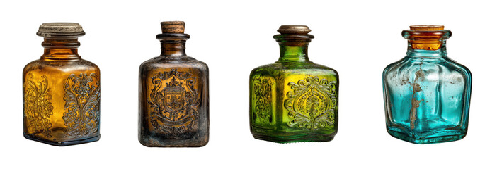 Vintage glass bottles collection product PNG set, cut out, isolated on transparent background