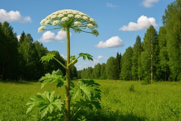 Wall Mural - Large Poisonous Bush Hogweed: Staying Safe in Nature and Managing Plant-Related Injuries