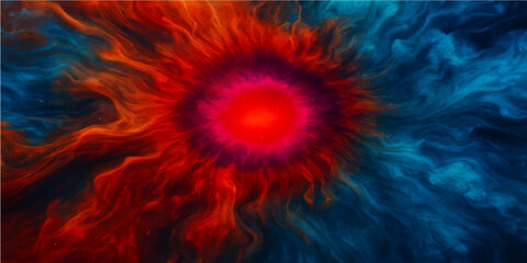 Wall Mural - Fiery red and orange fractal flames explode like a burning star, creating a colorful and intricate abstract texture