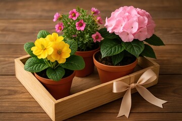 Wall Mural - houseplant display featuring potted flowers on a wooden tray