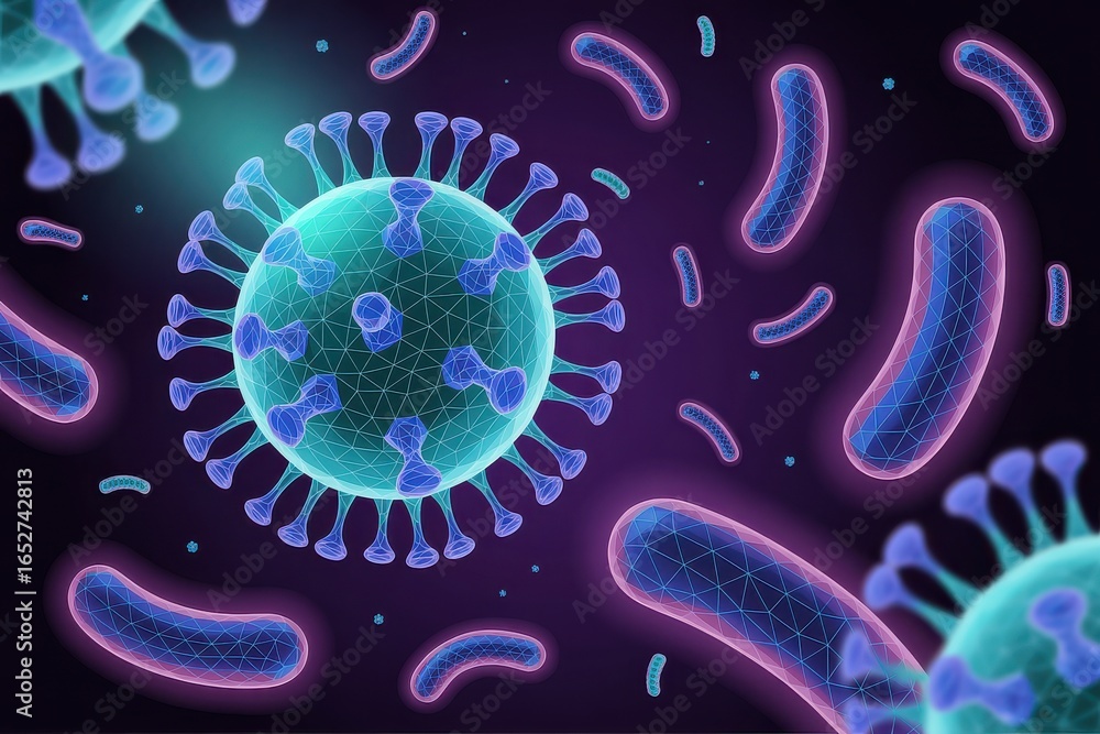 Microscopic view of a novel virus and bacterial cells causing ...