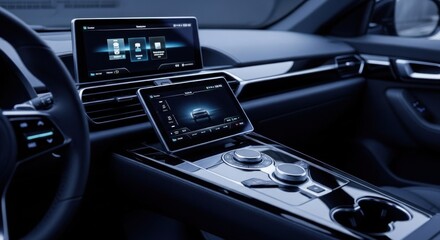 Interior of a futuristic electric vehicle.  Dashboard with dual touchscreens,  control panel, and  dark interior
