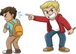 © Design_Pro - Cartoon bullying scene vector illustration, aggressive boy pointing and yelling at scared student with backpack, school violence and conflict concept.