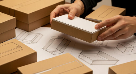 Hands holding cardboard box mockup over design sketches, showcasing packaging design process, symbolizing product development and craftsmanship