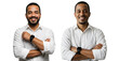 © PNG Stock - Two hispanic businessman with arms crossed and smiling, looking at the camera and wearing white shirts and watches, isolated on transparent cutout background, cut out, png