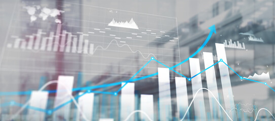Graph showing financial growth, against a blurred city skyline background. Business city background. Mixed media