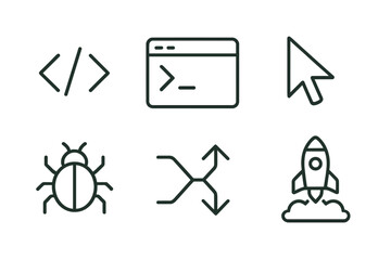 Collection of modern line art icons representing programming, debugging, user interface, and startup concepts on a yellow background, symbolizing digital technology and innovation.