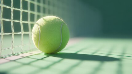 Tennis ball isolated on clean green court, overhead perspective, soft cinematic glow with net shadow detail, Octane Render hyperrealism, minimalist ad-ready style.