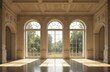 © Lubov - Sunlit grand hall features arched windows overlooking garden. Interior design boasts elegant architecture with ornate ceiling details. Polished wood floor reflects soft light creating peaceful,