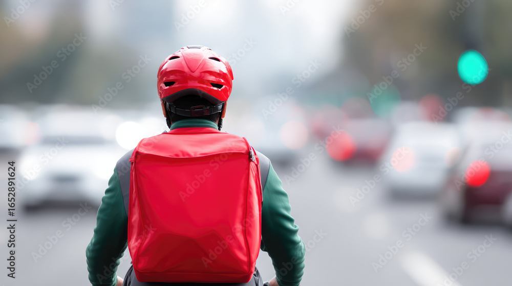 A person wearing a red helmet and backpack rides a bicycle on a busy city street. Urban travel and delivery