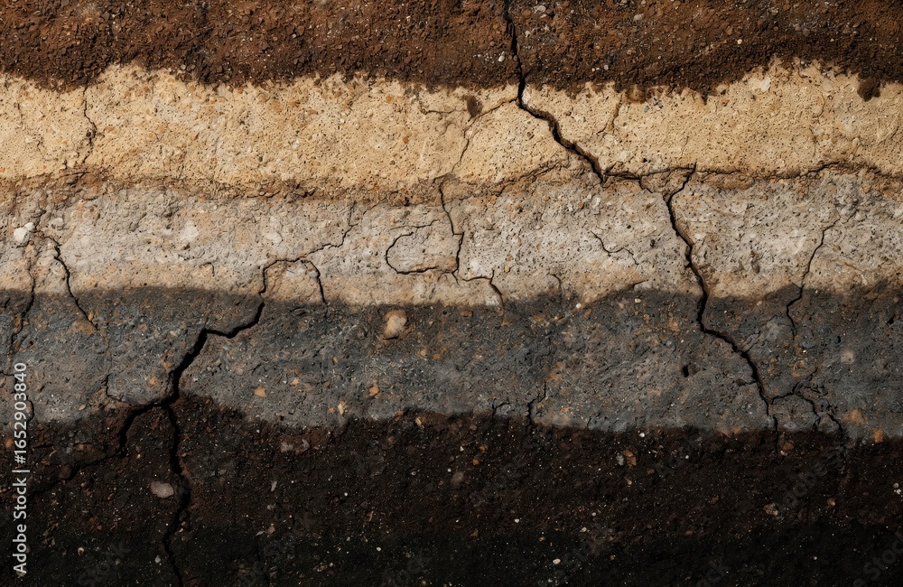 Cross section of earth soil layers revealing distinct colors, textures ...