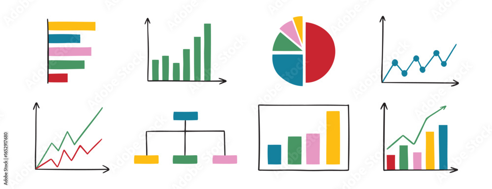 charts and graphs doodle hand drawn icon set. Different types of charts ...