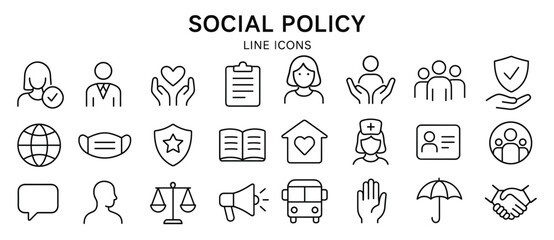 social policy vector web icon set in modern line style, social services linear icons for web and mob