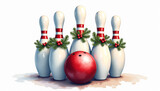 Festive bowling pins with garland and red bowling ball, holiday-themed decoration