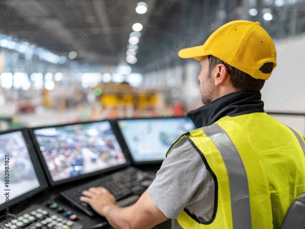 Vests Computers Man in safety vest and cap monitoring factory operations using ...