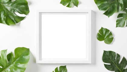 Modern white photo frame mockup with tropical monstera leaves. Blank copy space on clean white background for design, branding, portfolio display. Elegant, simple layout for art.