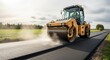 © Vendy Rickyr - Powerful Steamroller Compacting Hot Asphalt, Steam Rising on a Sunlit Rural Road