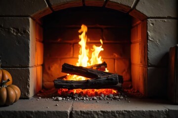 Wall Mural - Close-up of a crackling fireplace, glowing embers casting warm light on a rustic stone hearth Perfect for autumn, winter, or cozy home decor themes , energy, traditional, embers