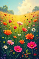Wall Mural - Vibrant abstract field of wildflowers in full bloom, perfect for website backgrounds or digital art projects Stunning colors and textures ideal for a spring or summer theme , picturesque, website