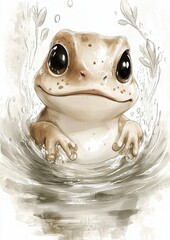 Wall Mural - A cute cartoon frog in water with big eyes and a gentle expression, surrounded by splashes.