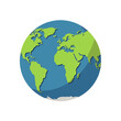 © denijulianto - Simplified world map illustration, continents, green landmasses, blue oceans, globe.
