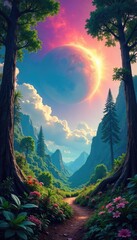 Wall Mural - Lush, vibrant forest planet teeming with exotic flora and fauna Giant trees reach towards a swirling, multi-colored sky An alien landscape of breathtaking beauty , mysterious, fauna