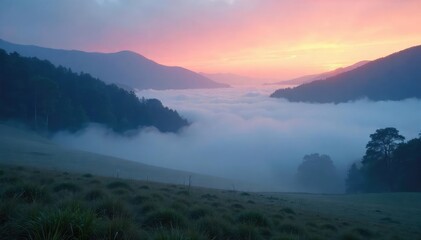 Wall Mural - Mysterious and ethereal fog rolling over a tranquil landscape at dawn, creating a mystical and serene atmosphere Perfect for fantasy, mystery, or nature themes , cold, field, air