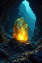 Wall Mural - Mysterious glowing stone emitting ethereal light in a dark cave, creating an otherworldly ambiance Perfect for fantasy, magic, and mystical themes , night, power