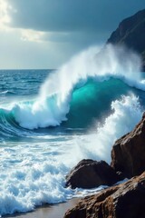  Powerful waves crashing on a rocky shore, sea foam spraying high, dramatic ocean scene with turbulent water A stunning display of nature's raw energy and beauty , sea foam, ocean, natural beauty