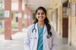 © NASSRI - Confident Indian female medical student in lab coat with stethoscope smiling outdoors at university campus, future doctor or nurse studying healthcare, education, medicine, career aspiration portrait