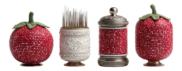 Unique Decorative Objects with Red Details and Creative Designs Isolated on White Background