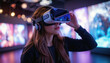 © GlopHetr - Young Woman Immersed in Virtual Reality with a Futuristic Background.
