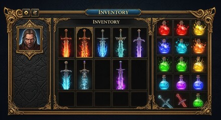 RPG fantasy game interface UI template showing player inventory screen with magic items