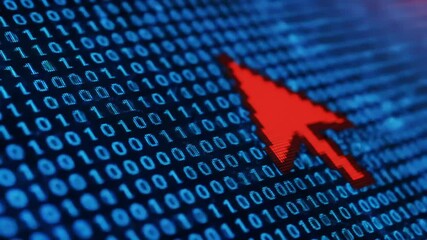 Red arrow on digital screen, binary code background