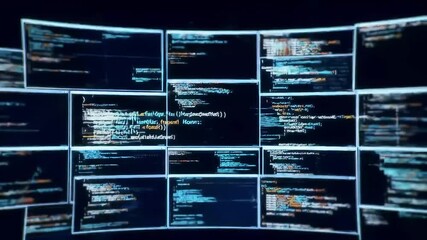 Coding screens, dark room, tech background, software