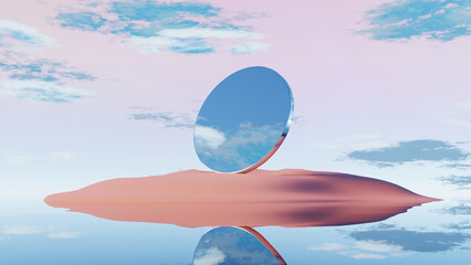 Wall Mural - 3D render giant circular mirror sculpture on pink sand with sky reflection
