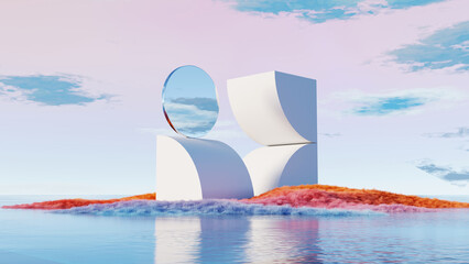 Wall Mural - 3D render abstract geometric mirror sculpture on colorful island with water reflection