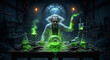 © Flex - Ultra-realistic mad scientist villain in a ruined laboratory filled with glowing chemicals and broken glass, dramatic lightning flashing through shattered windows at night